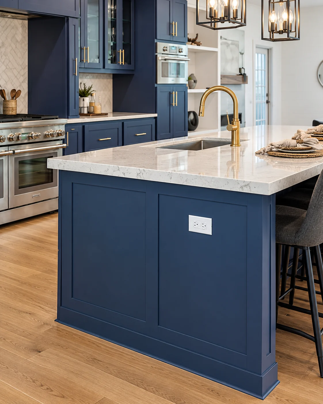 Open-plan blue kitchen renovation