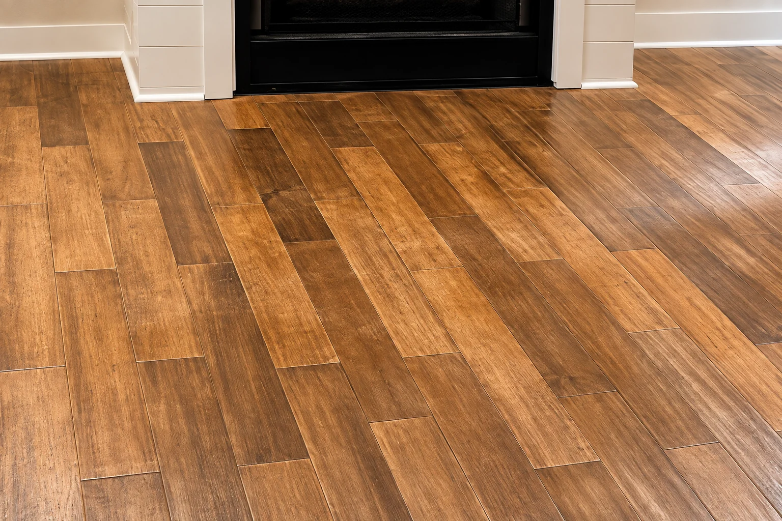 Warm wood flooring beside a white fireplace surround from Elite’s flooring project