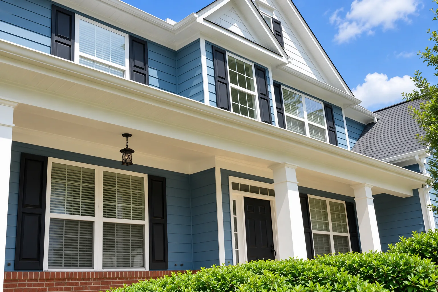 Blue house siding with white trim and black shutters, AI-enhanced from Elite’s exterior painting reel