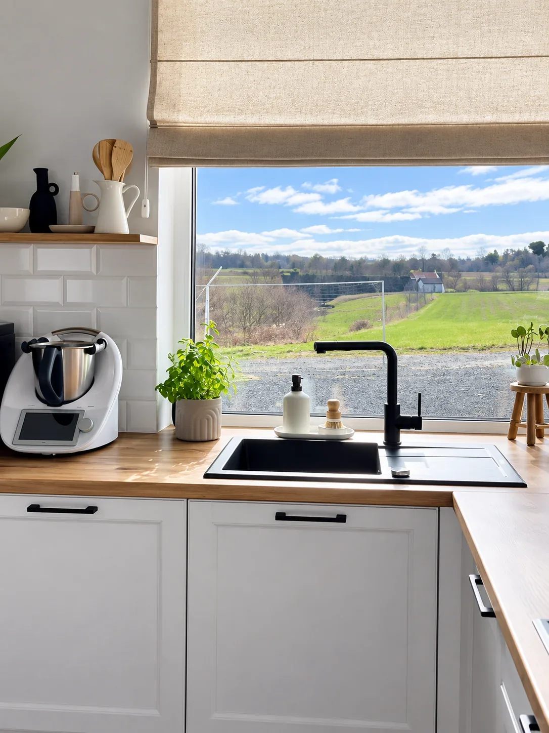White cabinetry, wood countertops and black sink faucet, enhanced from Elite’s Instagram