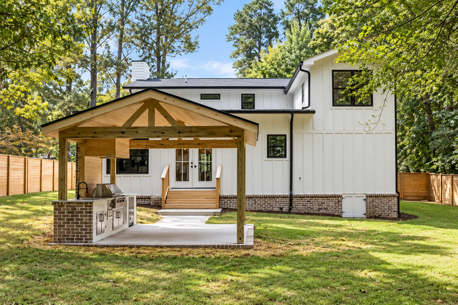 Timber covered patio and outdoor kitchen, AI-enhanced from inspiration in Elite’s Instagram reel